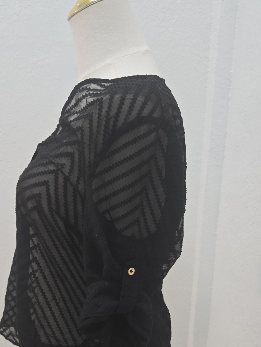 bebe Black Sheer Chevron Top with Gold Buttons - Picture 3 of 8